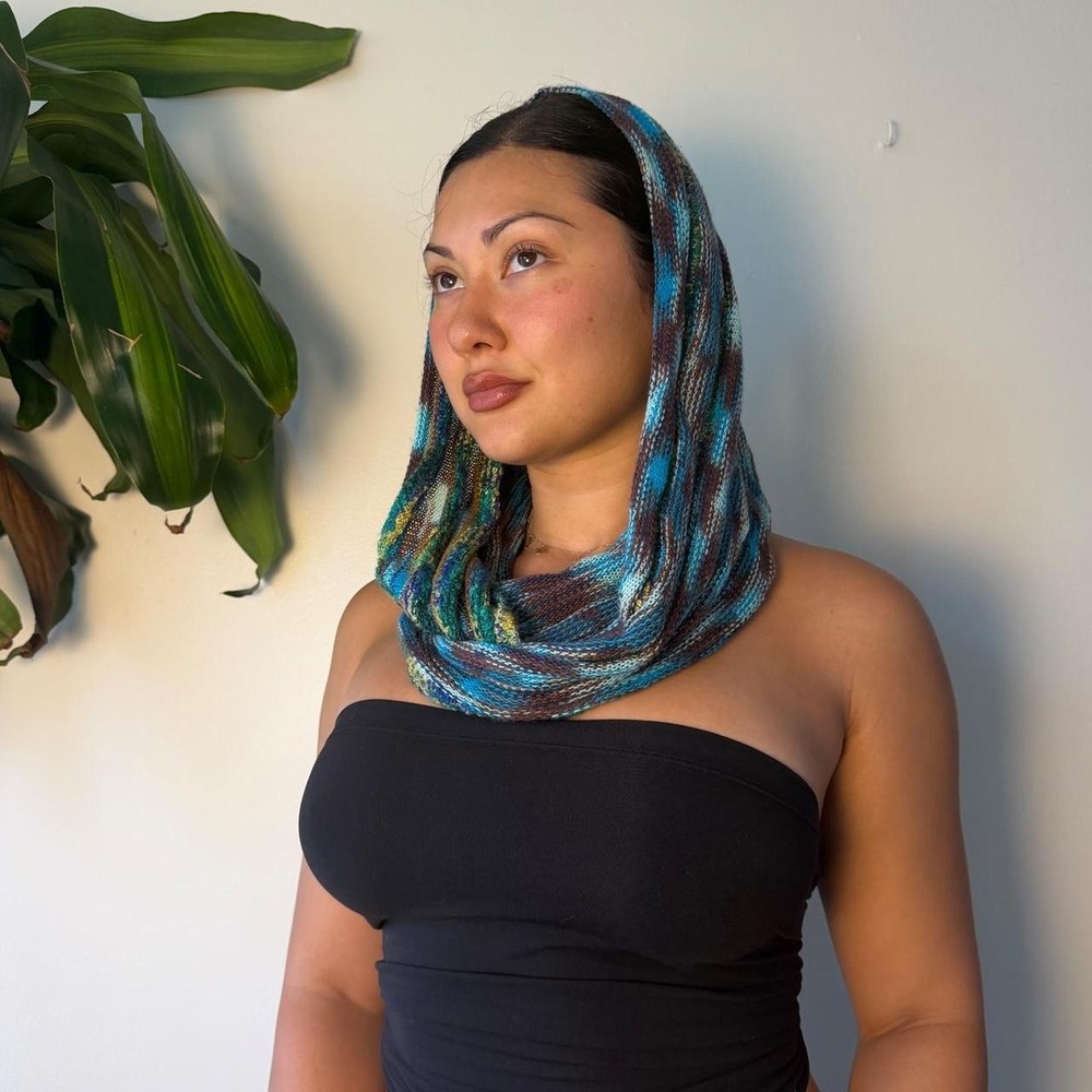 Vintage Y2K Teal Blue Brown Knit Infinity Scarf Multicolor Boho Loop Scarf